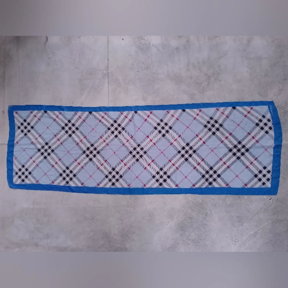 Vintage Burberry Check Handkerchief Scarf Blue Border 60x20 Classic Designer - Picture 9 of 10